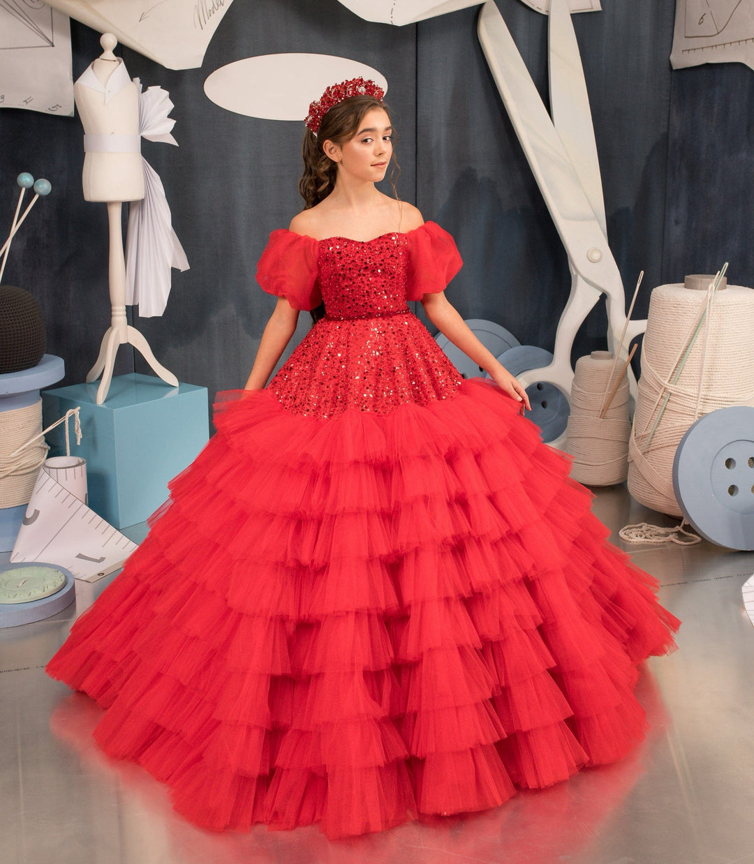 6m / Red Sunnypetal Off the Shoulder Red Sequins Tulle Tiered Ball-Gown Flower Girl Dresses