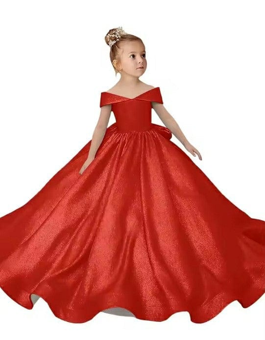 6m / Red Sunnypetal Off-The-Shoulder Satin Long Princess Flower Girl Dresses With Bow