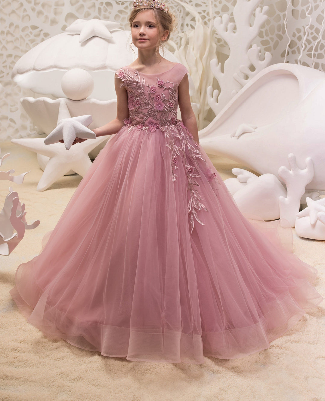 6m / Rose Pink Sunnypetal Charming Rose Pink Ball Gown 3D Floral Tulle Ruffles Flower Girl Dresses With Beading