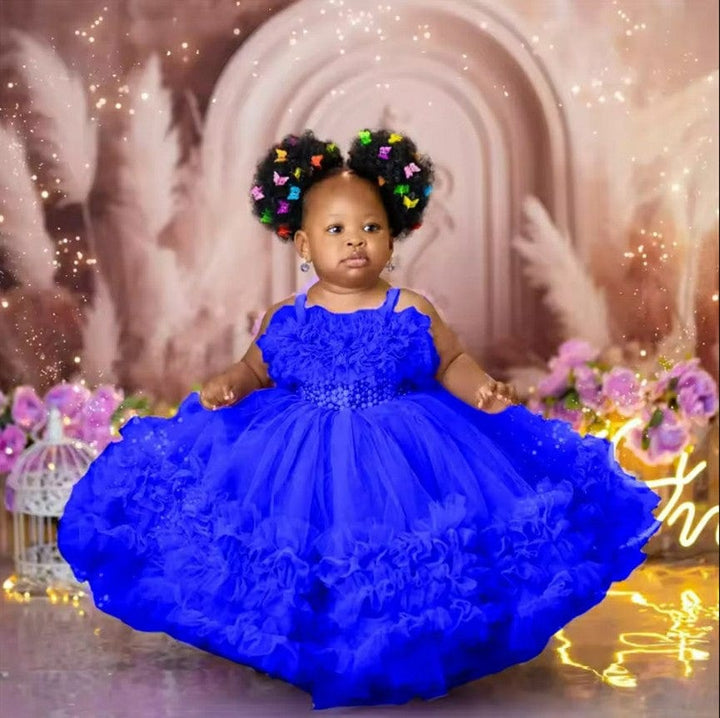 6m / Royal Blue Sunnypetal Ruffles Baby Girl Birthday Pageant Dresses Long Pearls Tulle Princess Dress