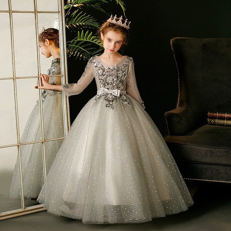 6m / Silver Sunnypetal A-Line Silver Tulle Sequins Lace-up Bow Kids Flower Girl Dress With 3D Flower