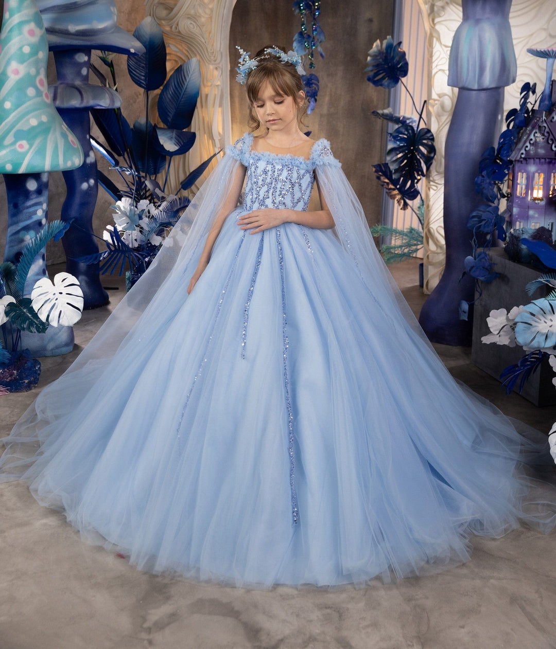 6m / Sky Blue Sunnypetal Sky Blue Cloak Sleeves Tulle Sequins Long Ball Gown Flower Girl Dress