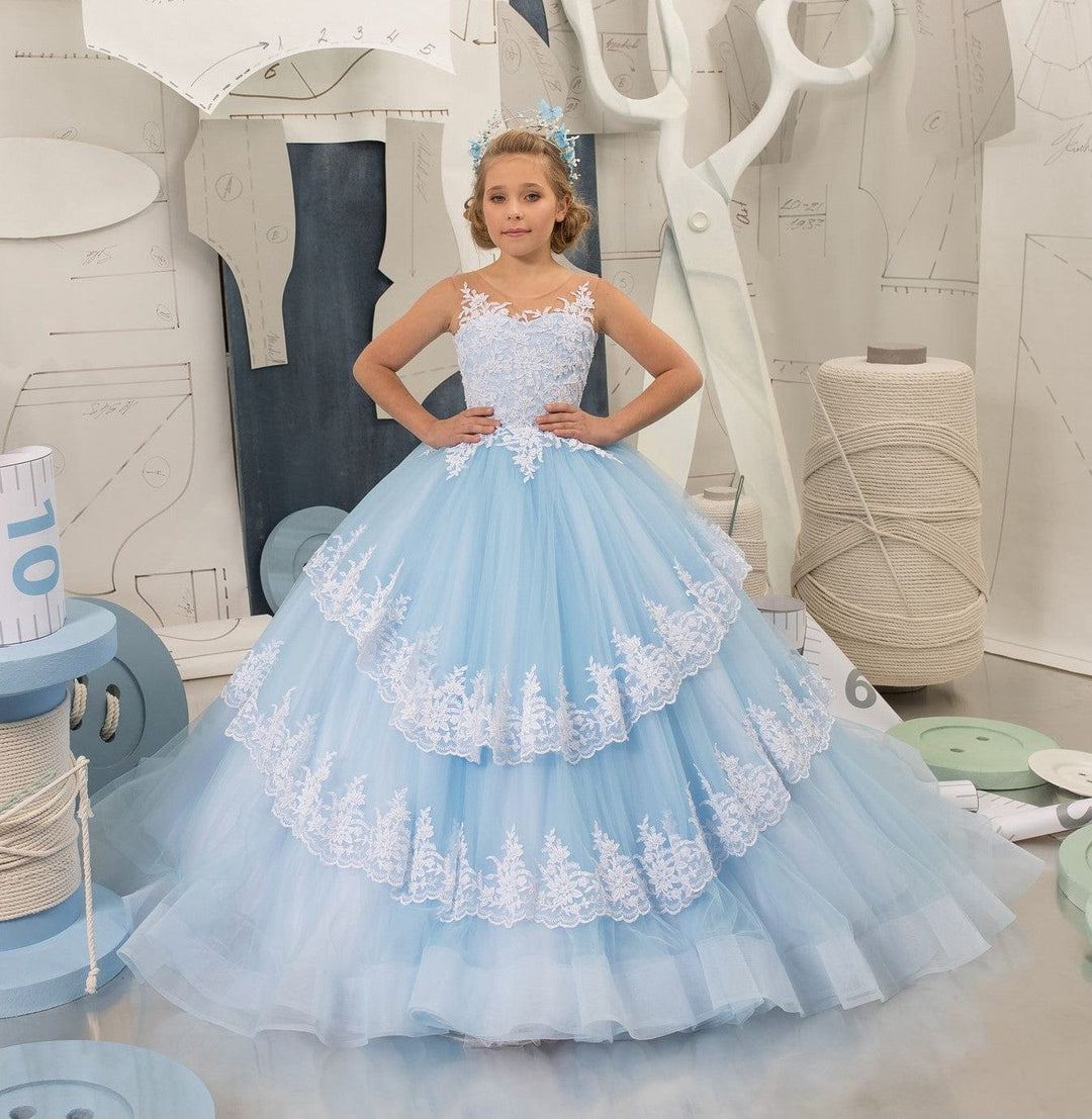 6m / Sky Blue Sunnypetal Sky Blue Long Lace Appliques Tulle Tiered Princess Flower Girl Dress