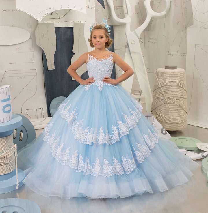 6m / Sky Blue Sunnypetal Sky Blue Long Lace Appliques Tulle Tiered Princess Flower Girl Dress