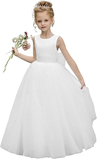 6m / White Sunnypetal A-Line Pearl Beads Flower Girls Dress Sleeveless Puffy Tulle with Bow