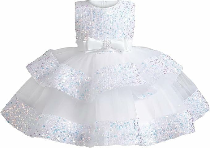 6m / White Sunnypetal Baby Girl Sequins Tulle Princess Dress Toddler Flower Wedding Birthday Party Gown