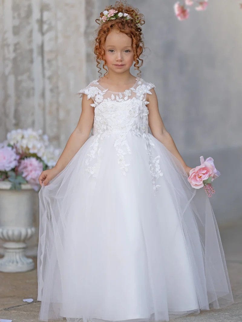 6m / White Sunnypetal Lace Appliques Bow Sleeveless Tulle Floor-Length Princess Flower Girl Dress