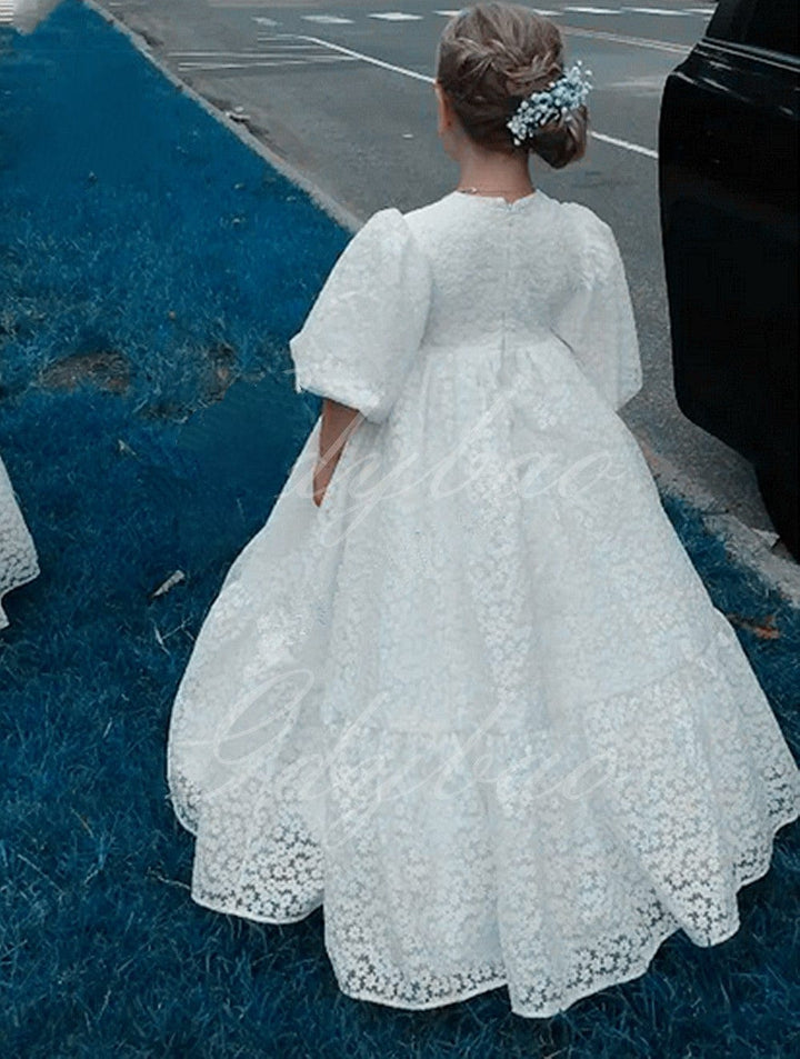 6m / White Sunnypetal Lace Flower Girl Dress Tulle White Half Sleeves Puffy Kids First Communion Ball Gowns