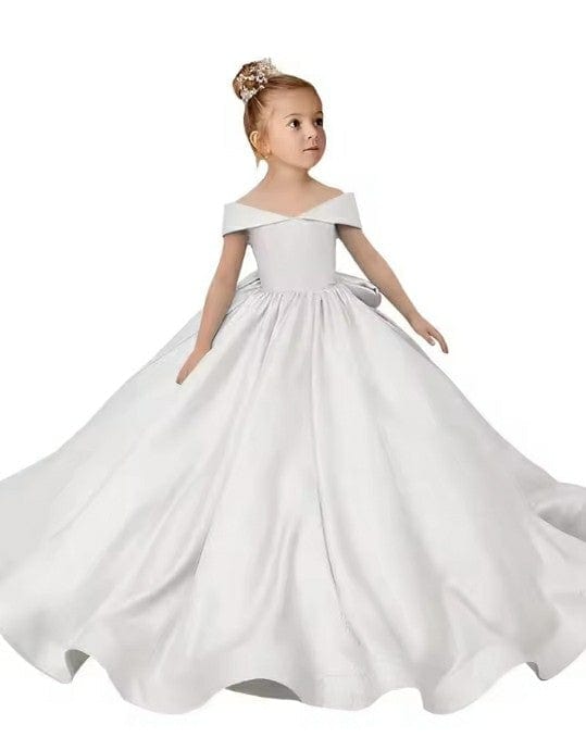 6m / White Sunnypetal Off-The-Shoulder Satin Long Princess Flower Girl Dresses With Bow