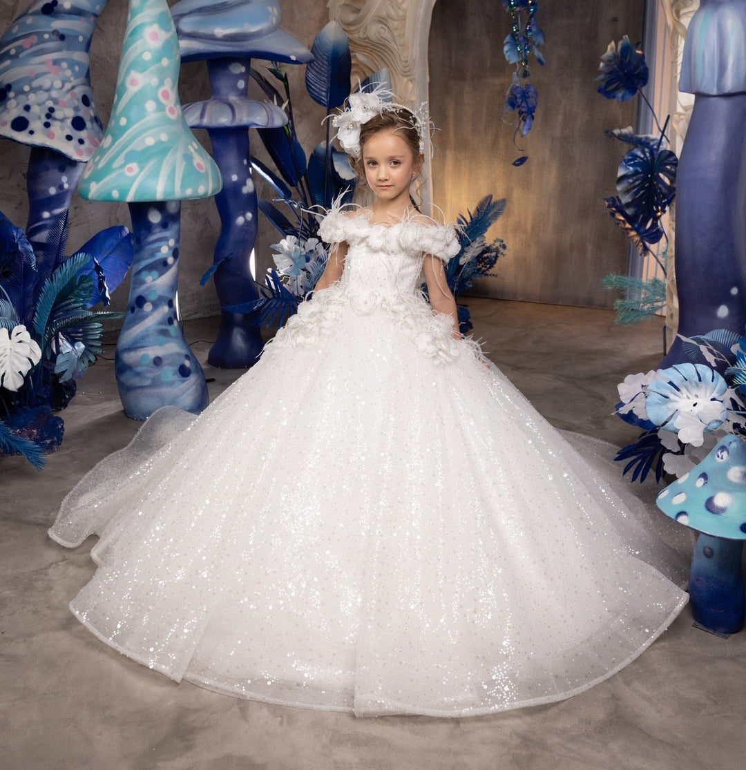 6m / White Sunnypetal Princess Tulle Sequins Feather Pearls Kids Flower Girl Dress