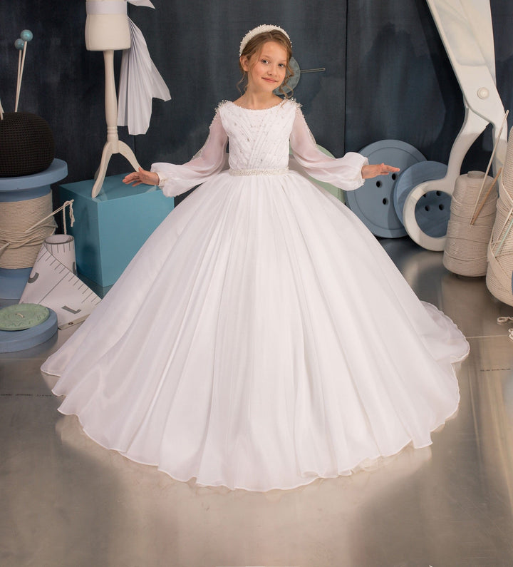 6m / White Sunnypetal White Ball-Gown Tulle Long Sleeves Flower Girls Dress With Jewel Bow