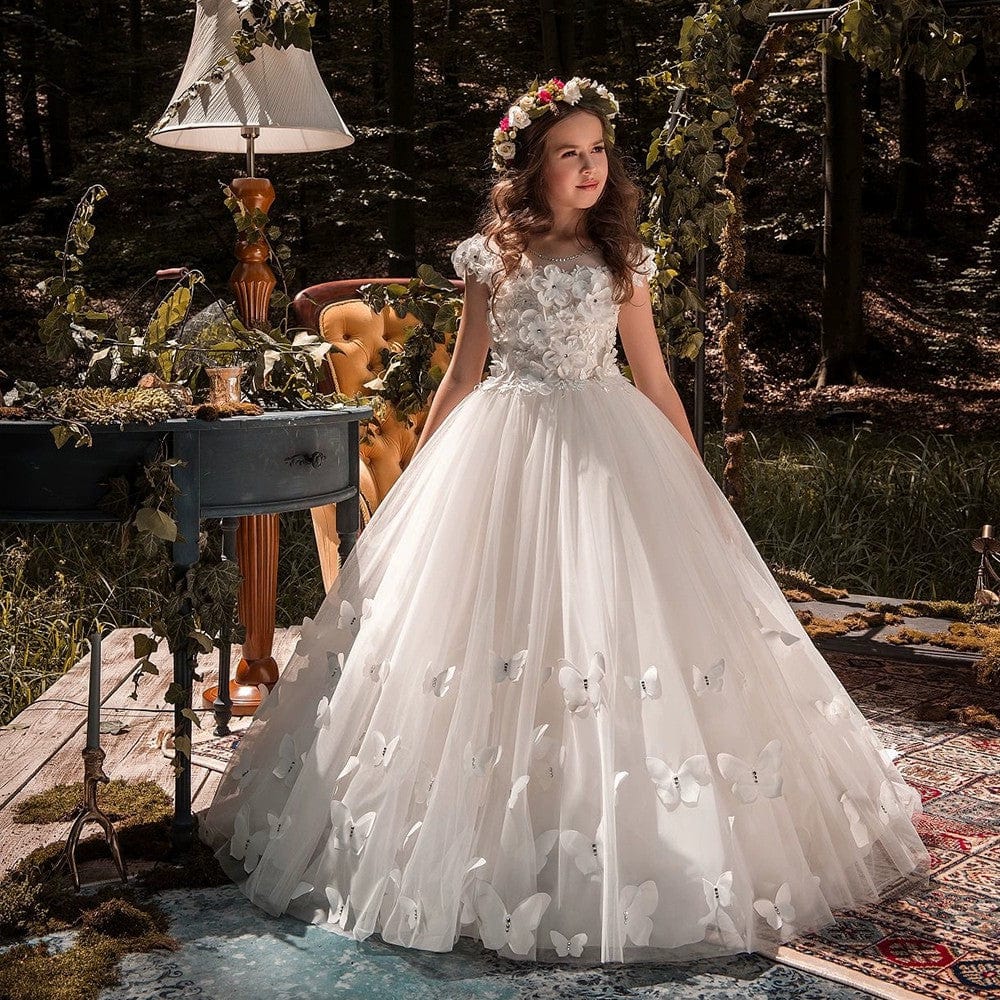 9m / All Ivory Sunnypetal Tulle Appliques Flower Girl Dresses 3D Floral Butterfly Floor-Length Dress