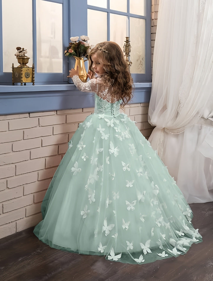 9m / Aqua Sunnypetal Flower Girl Dress Lace Long Sleeves Floor-Length Ball Gown