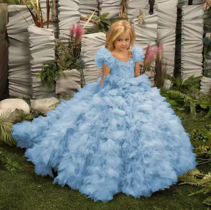 9m / Blue Sunnypetal Puffy Tulle Sequins Flower Girl Dresses Long Princess Dress With Train