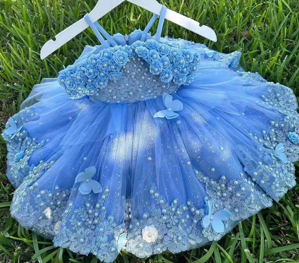 9m / Blue Sunnypetal Tulle Pearls Toddler Flower Girl Dress Spaghetti Straps Appliques Princess Dress