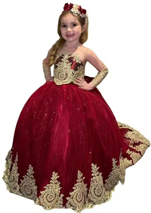 9m / Burgundy Sunnypetal Glitter Puffy Flower Girl Dresses Gold Appliques Bow Tulle Long Princess Ball Gown