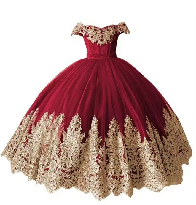 9m / Burgundy Sunnypetal Gold Appliques Off Shoulder Princess Birthday Puffy Tulle Dresses