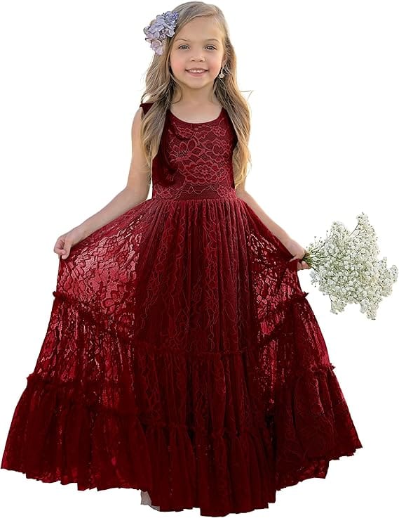 9m / Burgundy Sunnypetal Lace A-Line Floor-Length Kids Flower Girl Dress Wedding Birthday Party Dresses