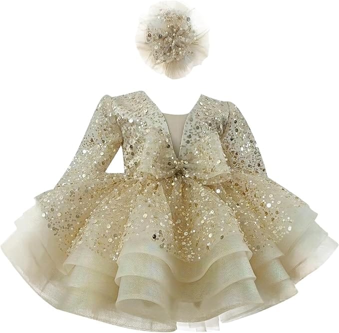 9m / Champagne Sunnypetal Baby Girl Pageant Tulle Dress Sequins Lace Toddler Birthday Party Gown Dresses