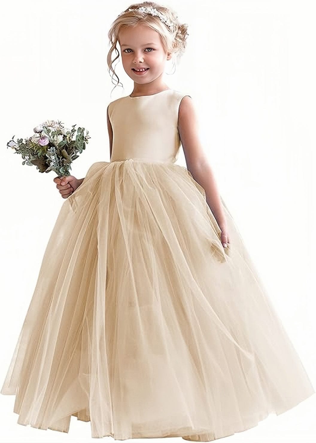 9m / Champagne Sunnypetal First Communion Dress Satin Tulle Kids Flower Girl Dress Ball Gown