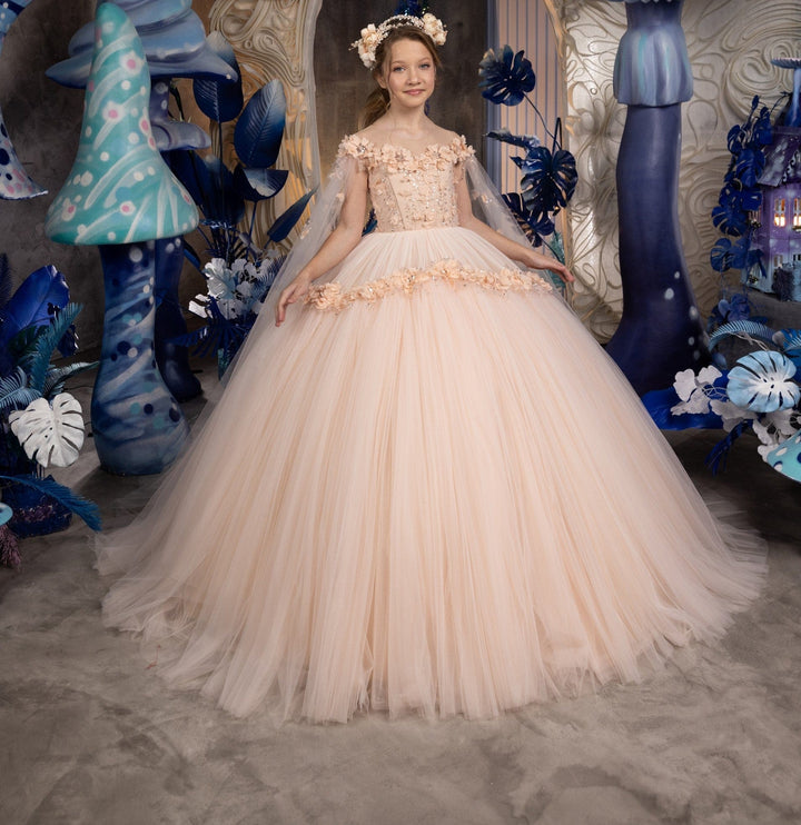 9m / Champagne Sunnypetal Long Princess Tulle Sequins Flower Girl Dress With 3D Floral