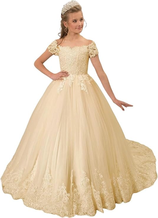 9m / Champagne Sunnypetal Off the Shoulder Ivory Tulle Lace Appliques Ball-Gown Flower Girl Dress