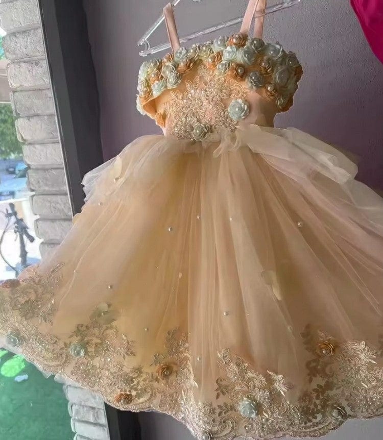 9m / Champagne Sunnypetal Tulle Pearls Toddler Flower Girl Dress Spaghetti Straps Appliques Princess Dress