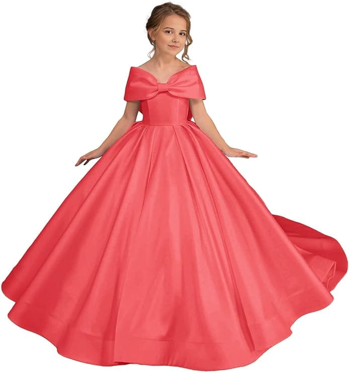 9m / Coral Red Sunnypetal White Off Shoulder Satin Ball Gown Bow Princess Flower Girl Dress