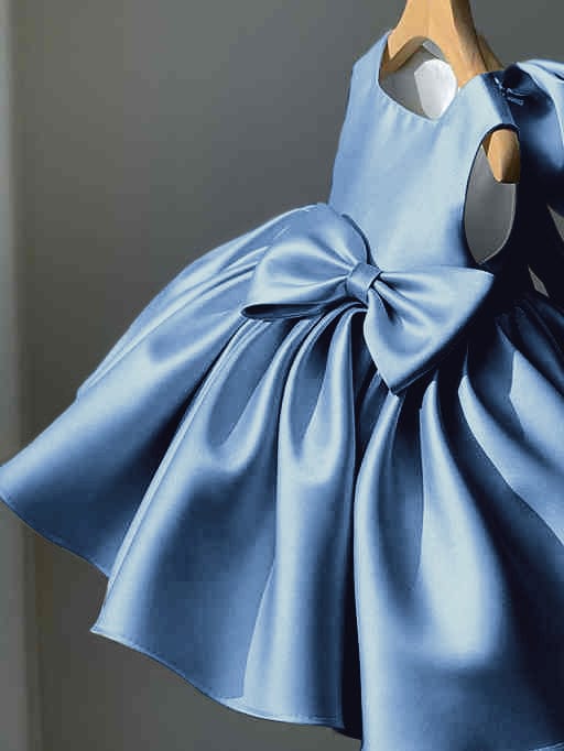 9m / Dusty Blue Sunnypetal Sleeveless Satin Square Neck Ball Gown Flower Girl Dresses With Bow Pleats