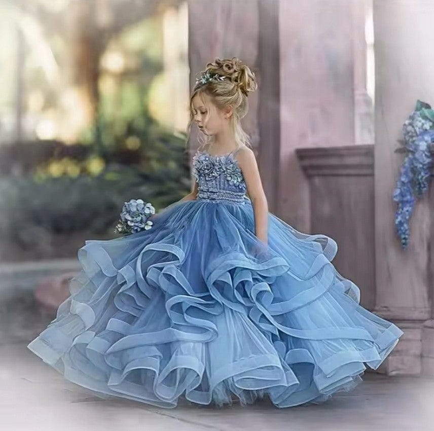 9m / Dusty Blue Sunnypetal Sleeveless Spaghetti Straps Floor-Length Flower Girl Dresses Tulle Pageant Gowns