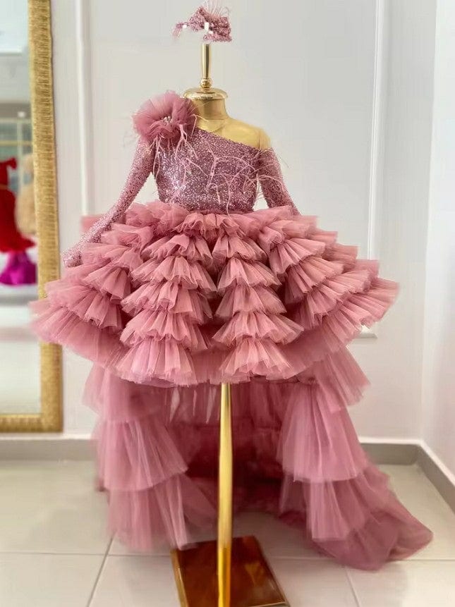 9m / Dusty Pink Sunnypetal Tulle Flower Girl Dresses Sequins Feather Princess Pageant Dress With Long Train