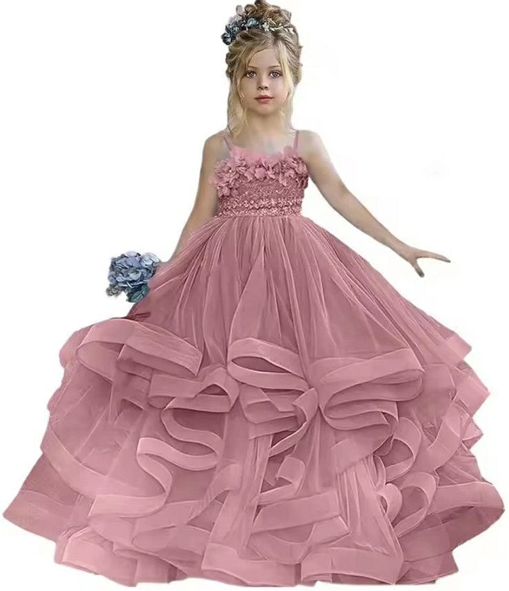 9m / Dusty Rose Sunnypetal Sleeveless Spaghetti Straps Floor-Length Flower Girl Dresses Tulle Pageant Gowns