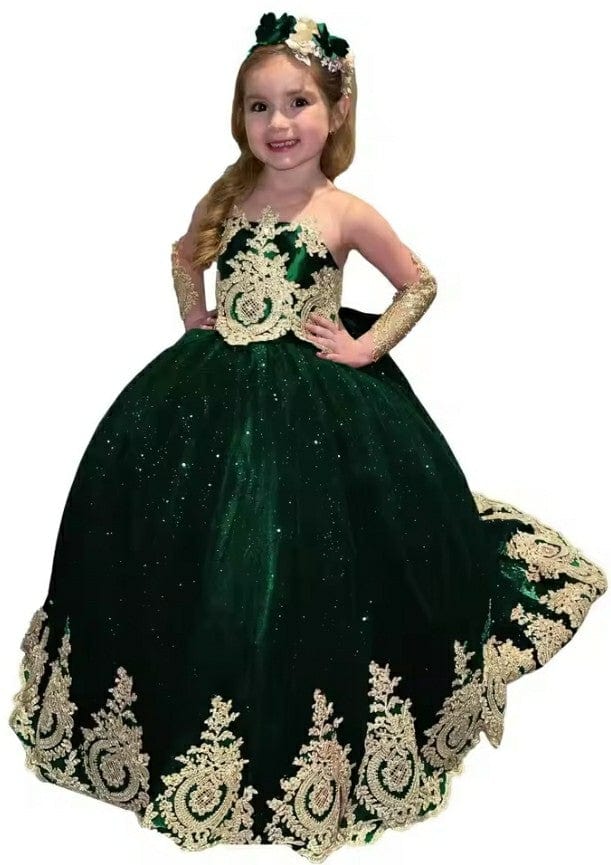 9m / Emerald Green Sunnypetal Glitter Puffy Flower Girl Dresses Gold Appliques Bow Tulle Long Princess Ball Gown