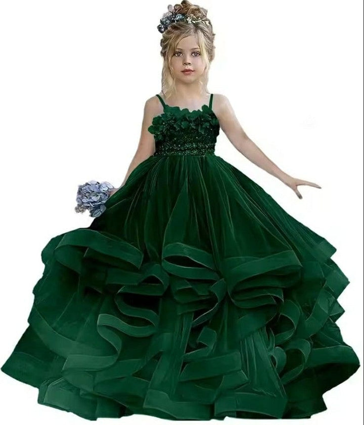 9m / Emerald Green Sunnypetal Sleeveless Spaghetti Straps Floor-Length Flower Girl Dresses Tulle Pageant Gowns