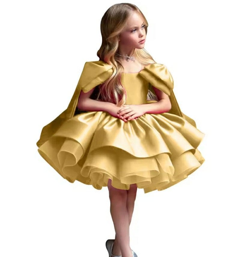 9m / Gold-01 Sunnypetal Puffy Gold Satin Flower Girl Dress Bow Toddler Baby Birthday Pageant Ballet Tutu Dress