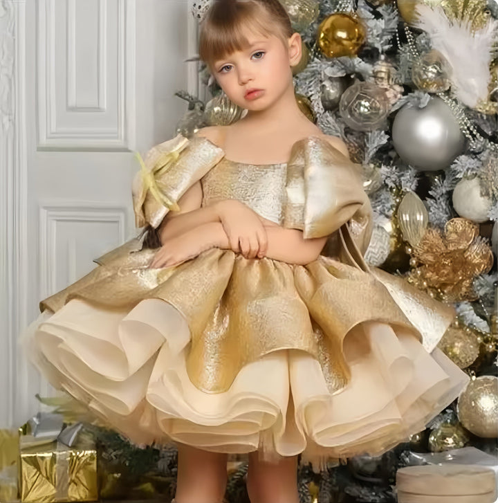 9m / Gold Sunnypetal Puffy Gold Satin Flower Girl Dress Bow Toddler Baby Birthday Pageant Ballet Tutu Dress