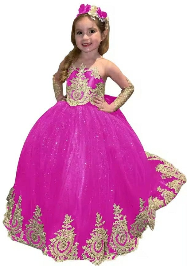 9m / Hot Pink Sunnypetal Glitter Puffy Flower Girl Dresses Gold Appliques Bow Tulle Long Princess Ball Gown