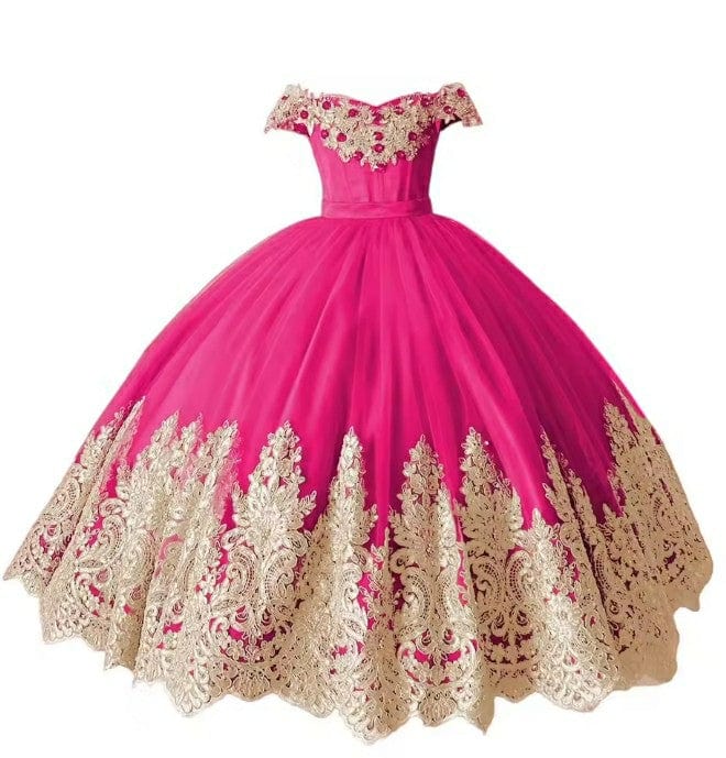 9m / Hot Pink Sunnypetal Gold Appliques Off Shoulder Princess Birthday Puffy Tulle Dresses