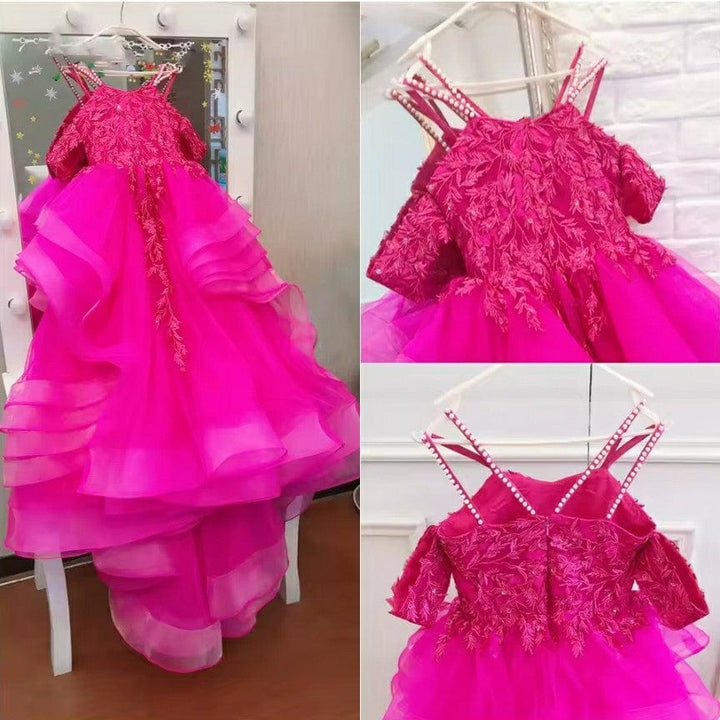 9m / Hot Pink Sunnypetal Long Appliques Flower Girl Dresses Pageant Wedding Gown Lace Ruffles Princess Dress