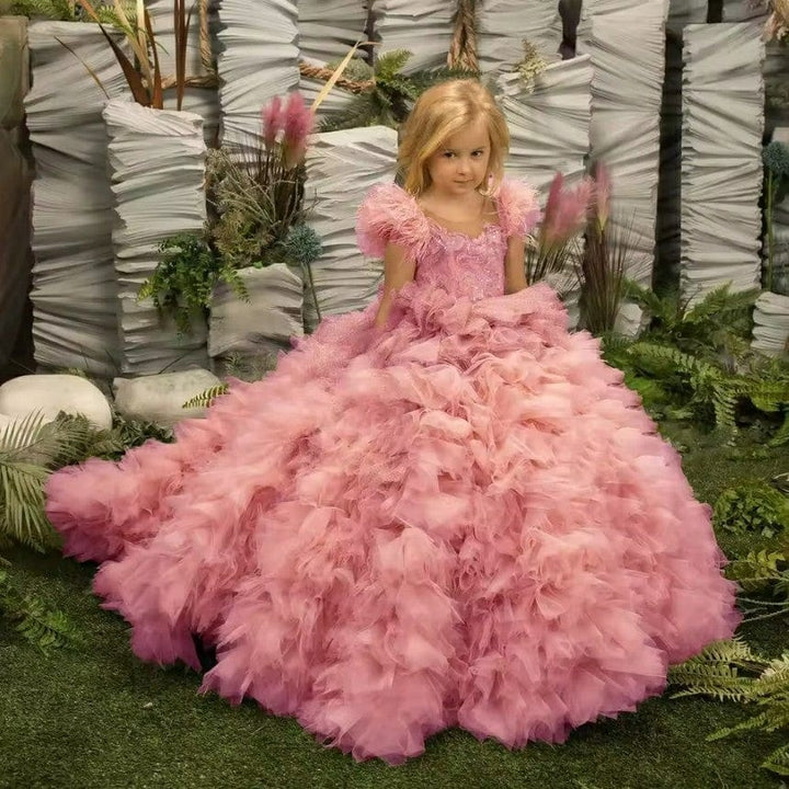 9m / Hot Pink Sunnypetal Puffy Tulle Sequins Flower Girl Dresses Long Princess Dress With Train