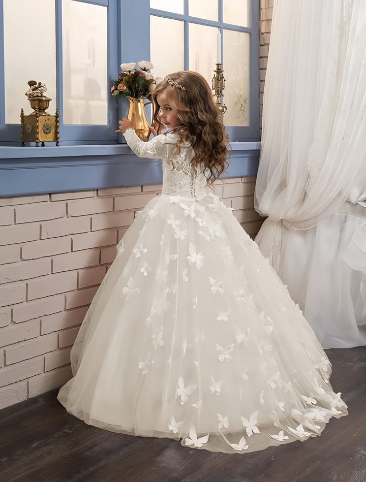 9m / Ivory Sunnypetal Flower Girl Dress Lace Long Sleeves Floor-Length Ball Gown