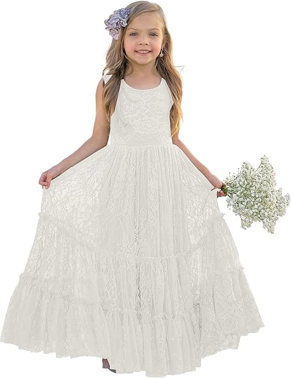 9m / Ivory Sunnypetal Lace A-Line Floor-Length Kids Flower Girl Dress Wedding Birthday Party Dresses