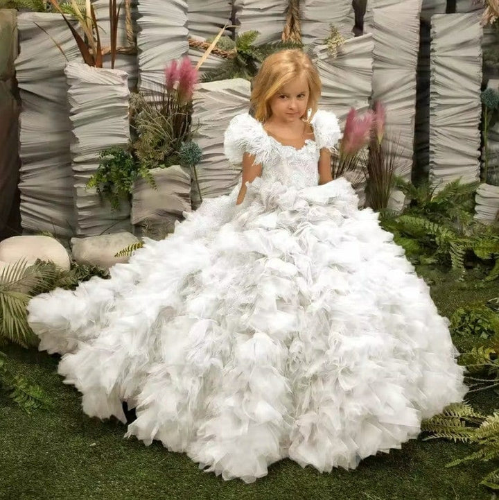 9m / Ivory Sunnypetal Puffy Tulle Sequins Flower Girl Dresses Long Princess Dress With Train