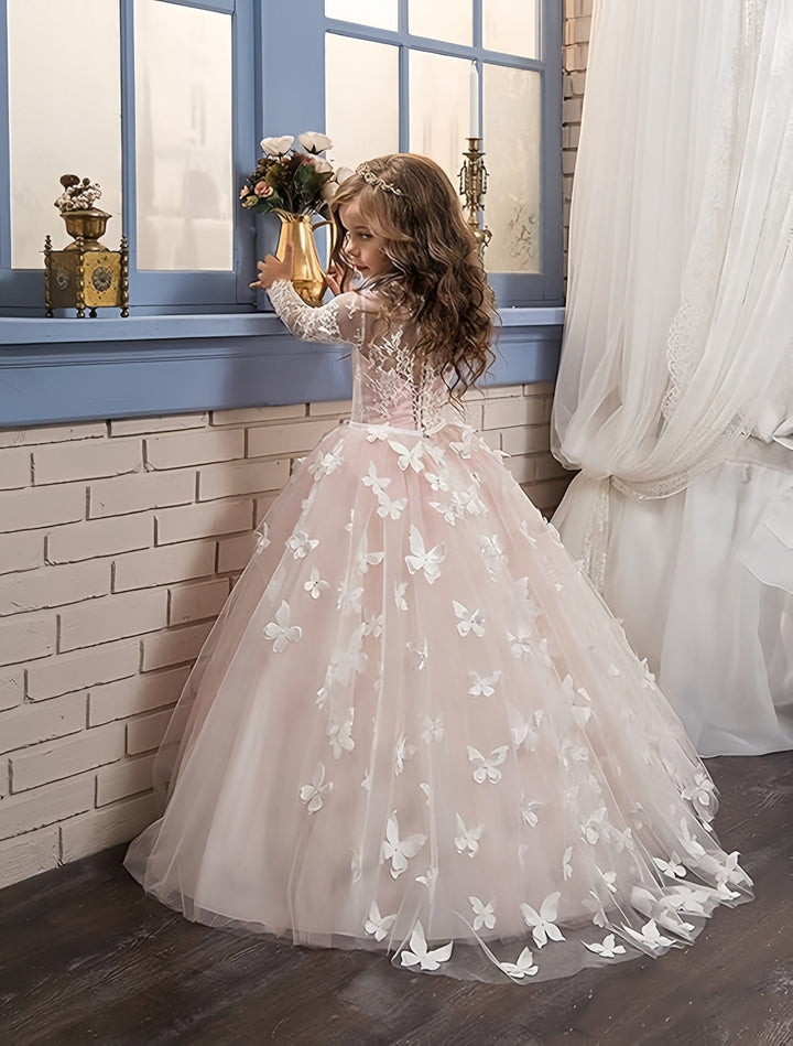 9m / Light Pink Sunnypetal Flower Girl Dress Lace Long Sleeves Floor-Length Ball Gown