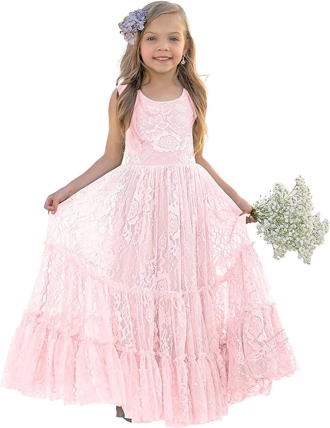 9m / Light Pink Sunnypetal Lace A-Line Floor-Length Kids Flower Girl Dress Wedding Birthday Party Dresses