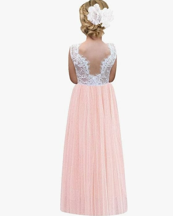 9m / Light Pink Sunnypetal Soft Tulle Floor-Length Lace V Back Sleeveless Flower Girl Dresses for Wedding