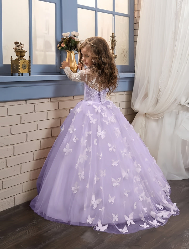 9m / Lilac Sunnypetal Flower Girl Dress Lace Long Sleeves Floor-Length Ball Gown