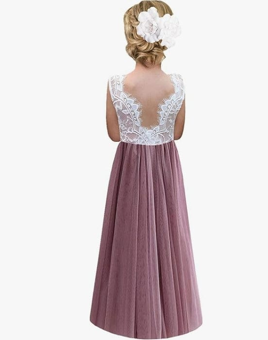 9m / Mauve Sunnypetal Soft Tulle Floor-Length Lace V Back Sleeveless Flower Girl Dresses for Wedding