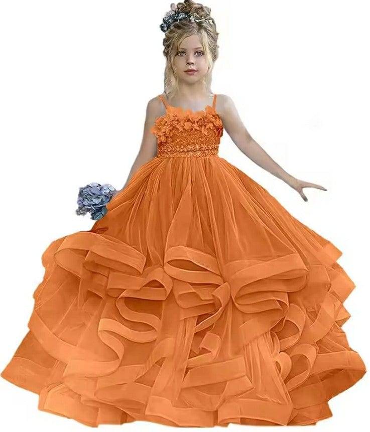 9m / Orange Sunnypetal Sleeveless Spaghetti Straps Floor-Length Flower Girl Dresses Tulle Pageant Gowns