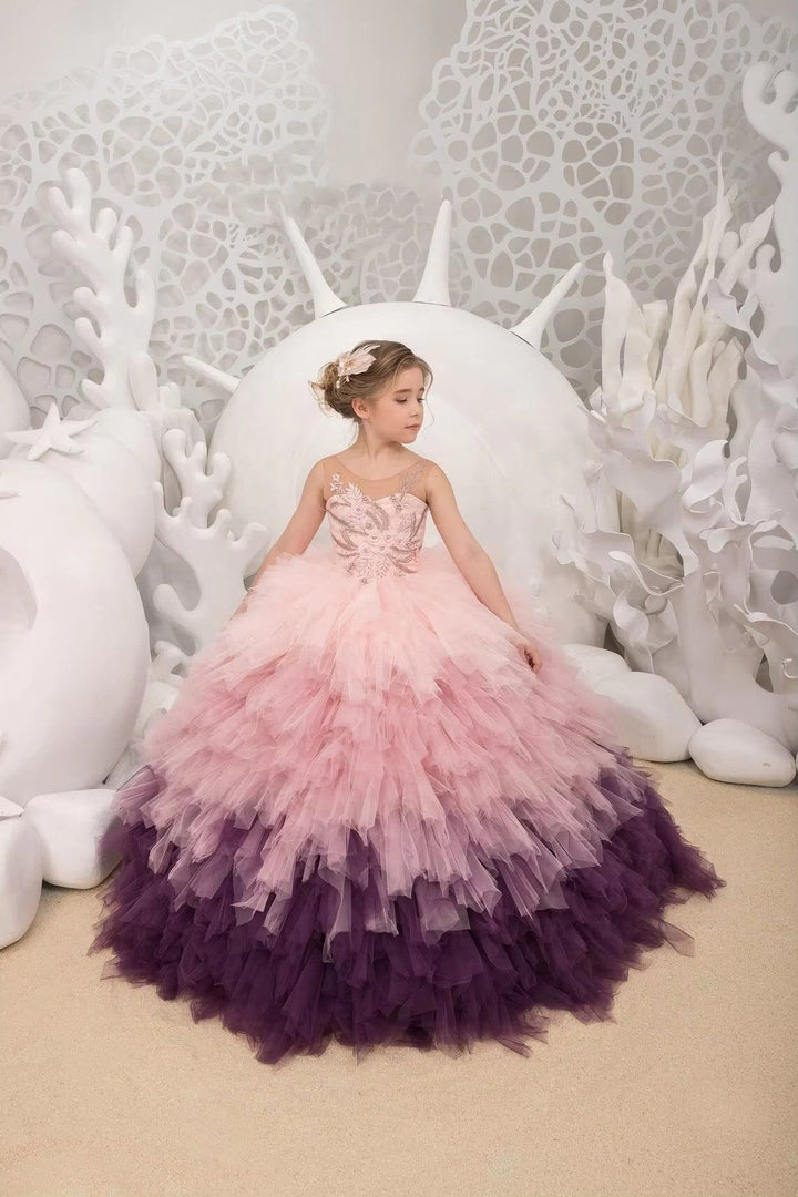 9m / Pink Purple Sunnypetal Long Puffy Tulle Appliques Flower Girl Dresses Ball Gown With Beading